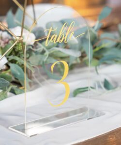 clear arch acrylic table numbers for wedding reception - 10 pack 5" x 7" gold font table number centerpiece set with holder stands & head table sign - anniversary, event, party, wedding table numbers