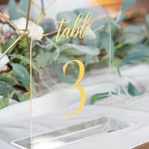 Clear Arch Acrylic Table Numbers for Wedding Reception - 10 Pack 5" x 7" Gold Font Table Number Centerpiece Set with Holder Stands & Head Table Sign - Anniversary, Event, Party, Wedding Table Numbers