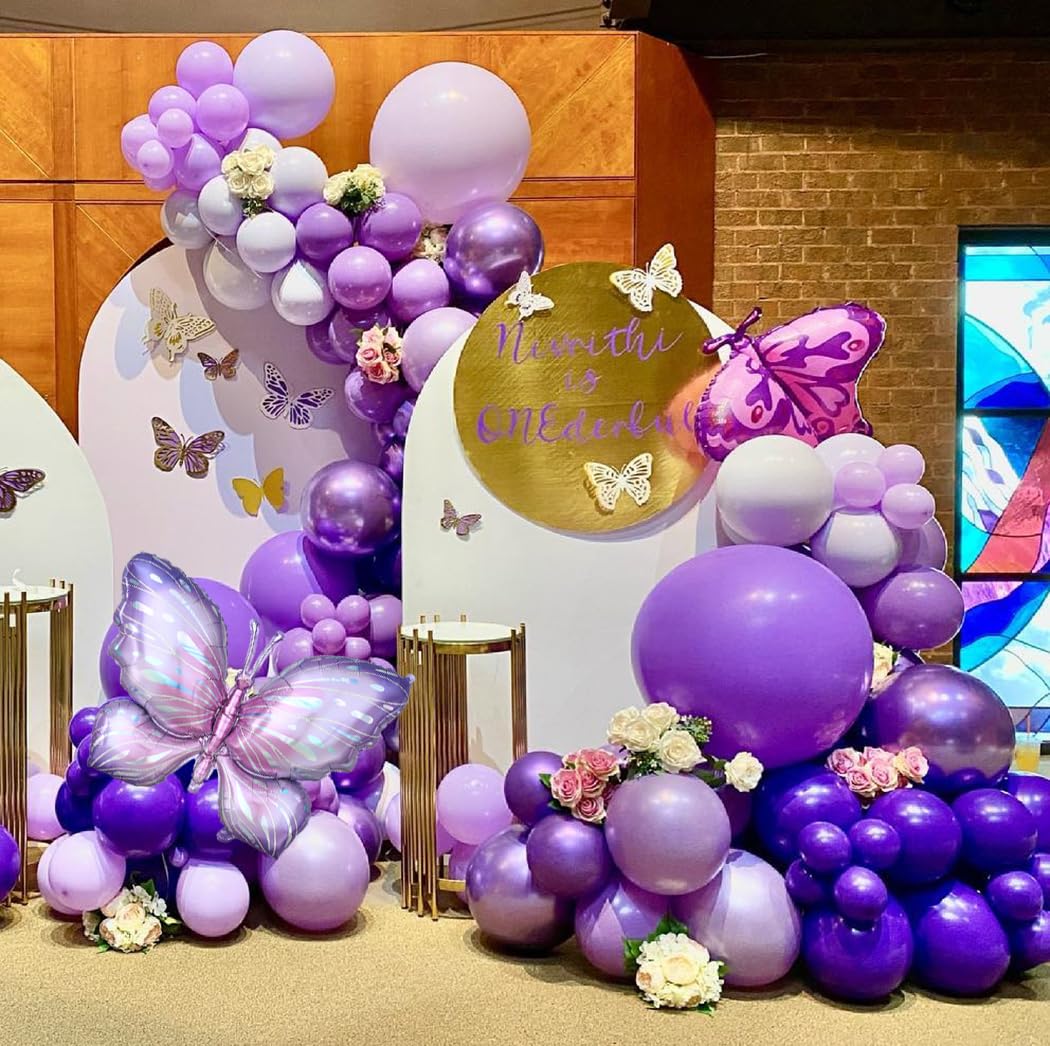 Enanal Purple Butterfly Balloon Garland Arch Kit, 158pcs Purple Chrome Gold Balloons with Butterfly Foil Balloons for Girl Birthday Baby Shower Party Supplies Bridal Shower Wedding Decoration (Purple)