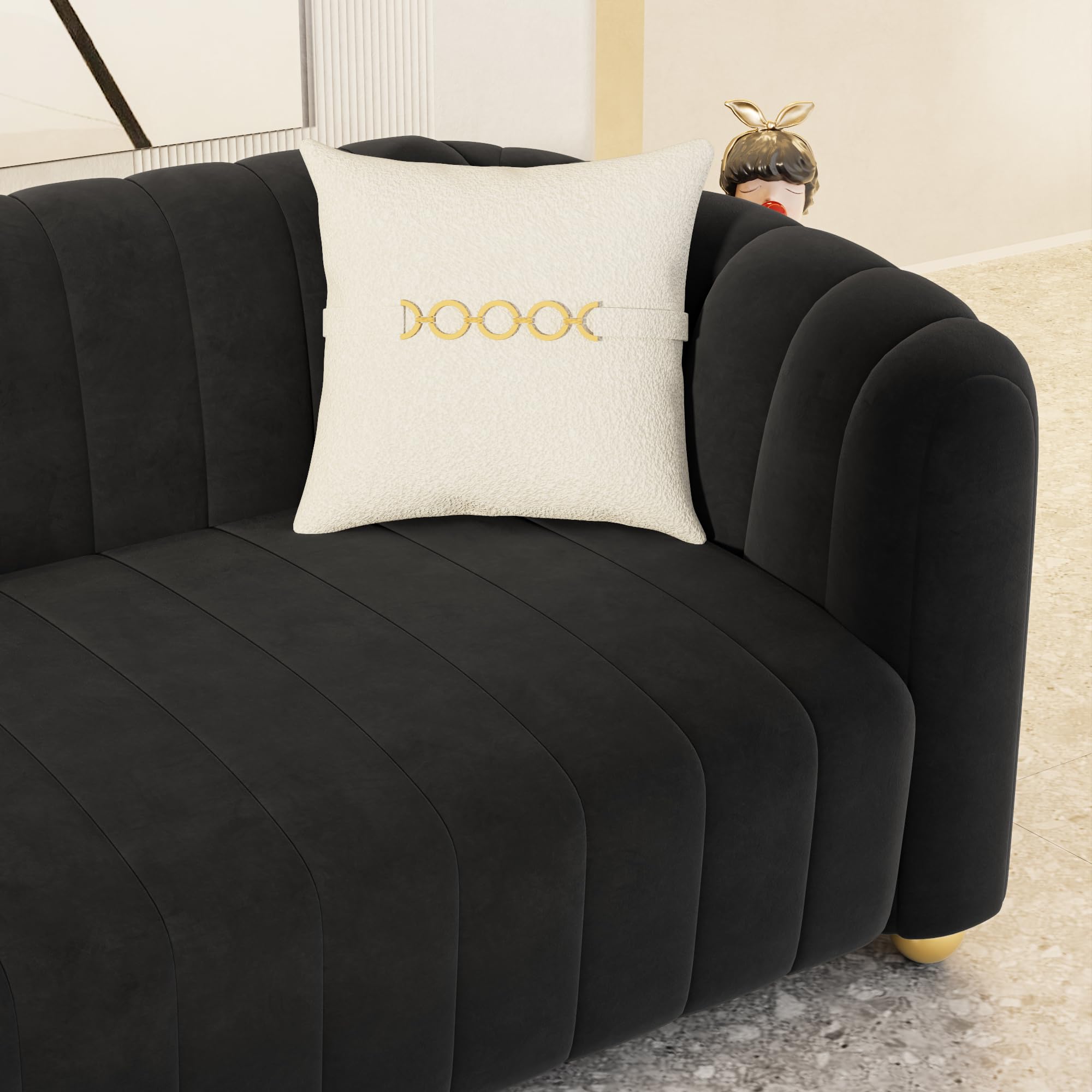 Moxoq Modern Black Velvet Couch for Living Room, 83.46" Curved Black Sofa with Gold Metal Sphere Legs, 3 Seater Comfy Cloud Couches for Bedroom Apartment (Velvet Black)