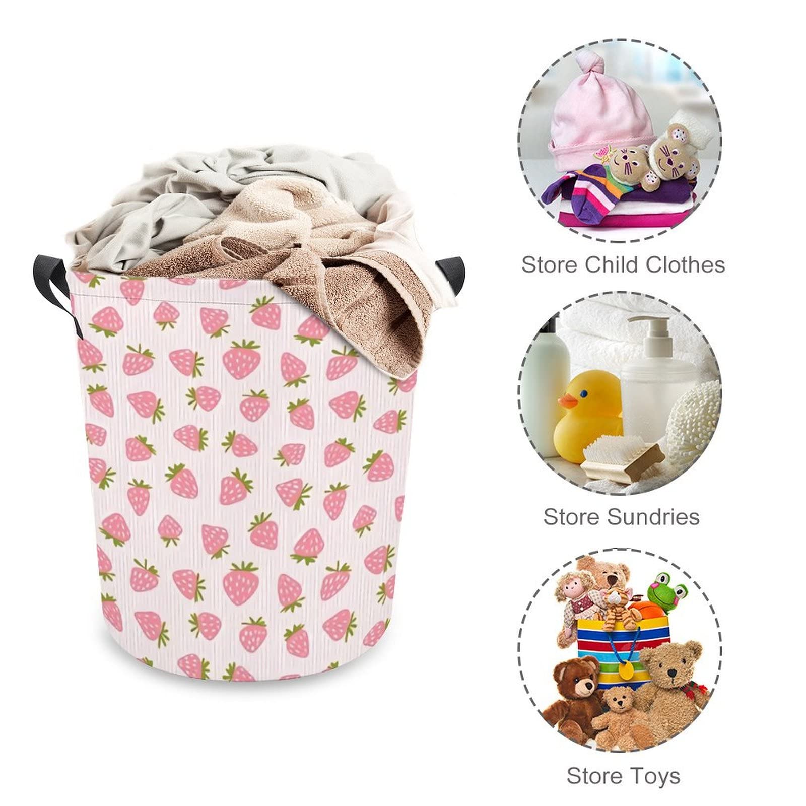 Laundry Basket Strawberries Pink Stripes Laundry Hamper Bag Clothes Bag Collapsible With Handles Travel Bathroom College Essentials Storage