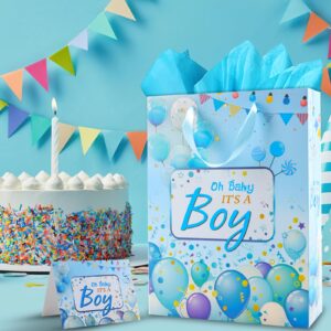 Large Blue Baby Boy Gift Bag with Tissue Paper and Greeting Card, It's A Boy Baby Shower Paper Bag Baby Boy Wrapping Paper Bag with Ribbon Handles for Party Supplies Decorations,1st Birthday Gender Reveal Party Favors