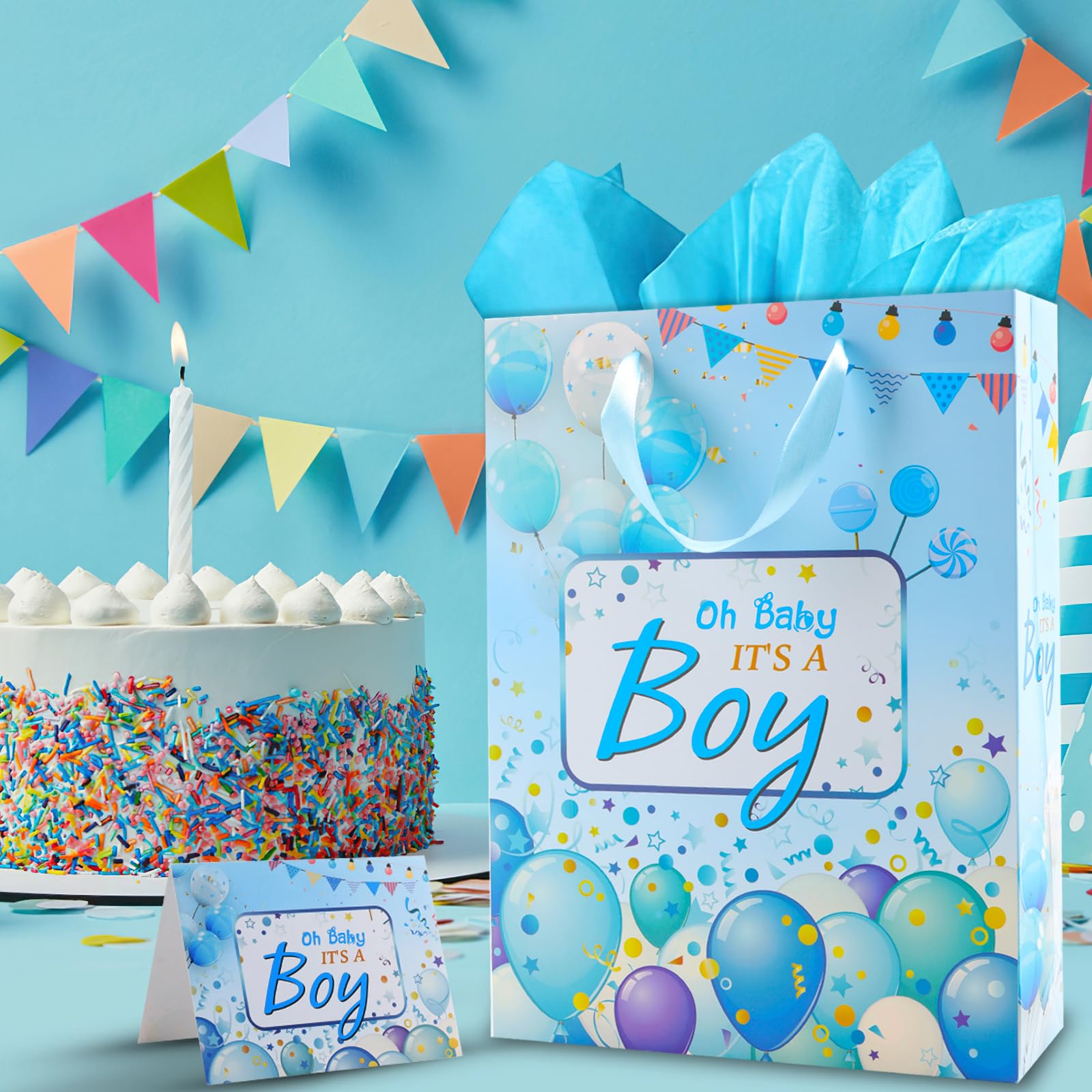 Large Blue Baby Boy Gift Bag with Tissue Paper and Greeting Card, It's A Boy Baby Shower Paper Bag Baby Boy Wrapping Paper Bag with Ribbon Handles for Party Supplies Decorations,1st Birthday Gender Reveal Party Favors