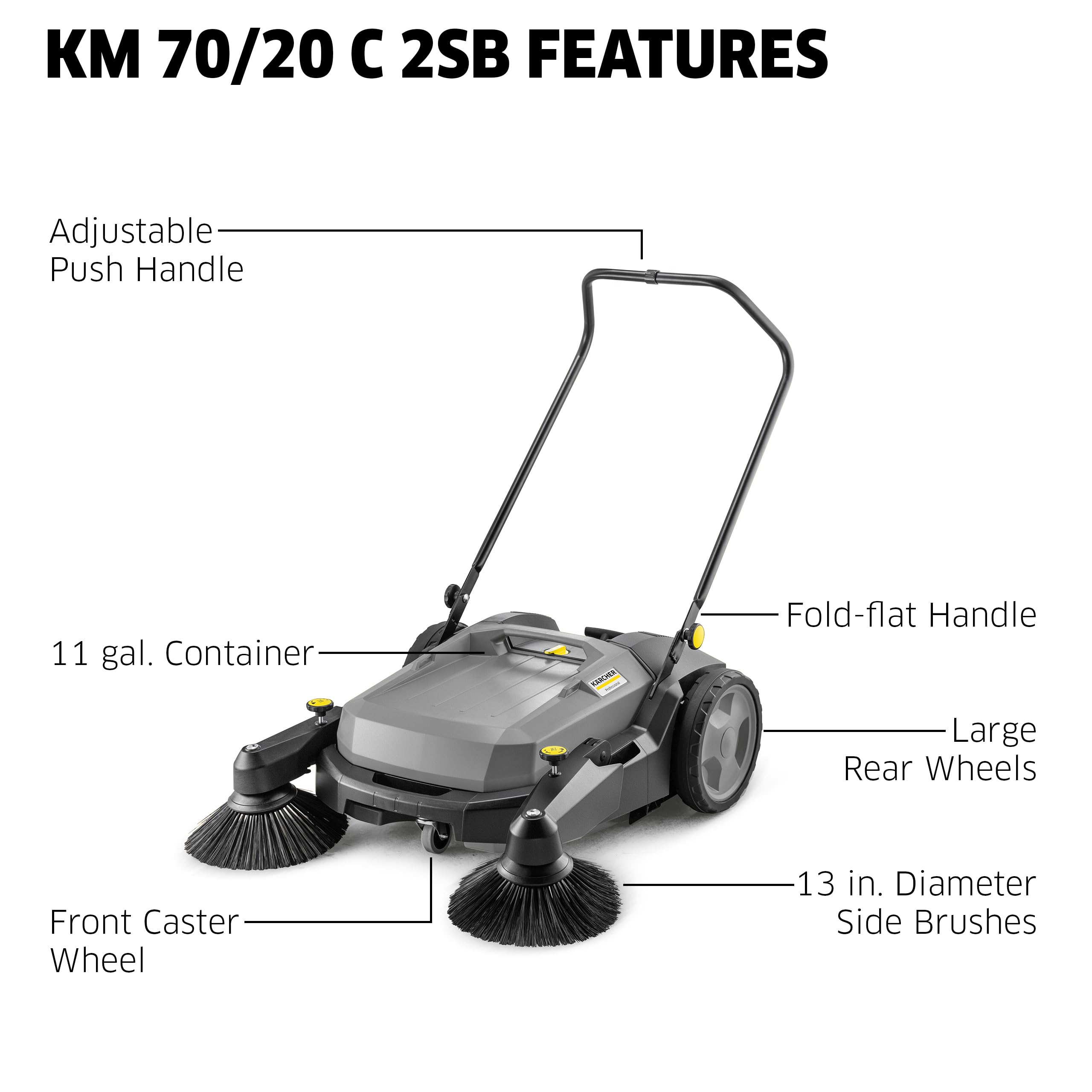 Kärcher Commercial Outdoor Hand Push Sweeper, Two Bristle Brushes, Sweeps up to 30,000 ft²/h - KM 70/20 C 2SB - 12 Gallon Capacity