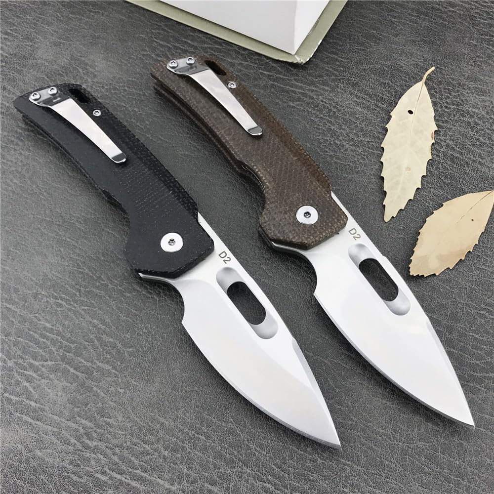 2.56'' D2 Steel Blade Linen Handle with Clip Mini Folding Pocket Knife,Camping Portable EDC Tool,Outdoor Survival Knives,Christmas Gift for Men (Black Handle)