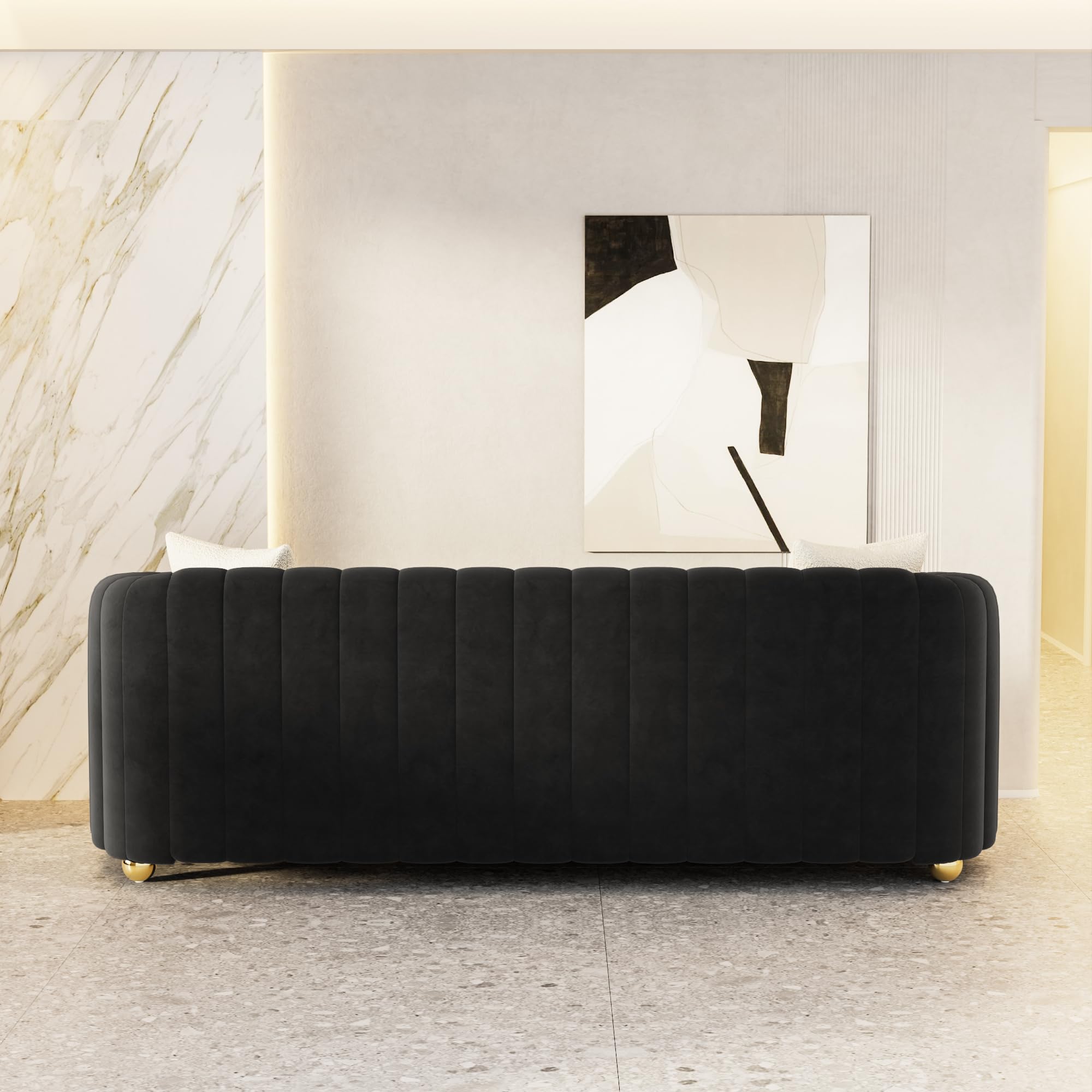 Moxoq Modern Black Velvet Couch for Living Room, 83.46" Curved Black Sofa with Gold Metal Sphere Legs, 3 Seater Comfy Cloud Couches for Bedroom Apartment (Velvet Black)