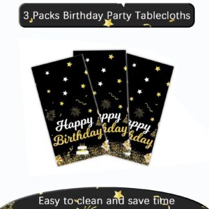 MRJ 3 Pack Gold and Black Happy Birthday Tablecloths 54"x108" Star Birthday Table Cover for Kids Boys Girls Baby Shower