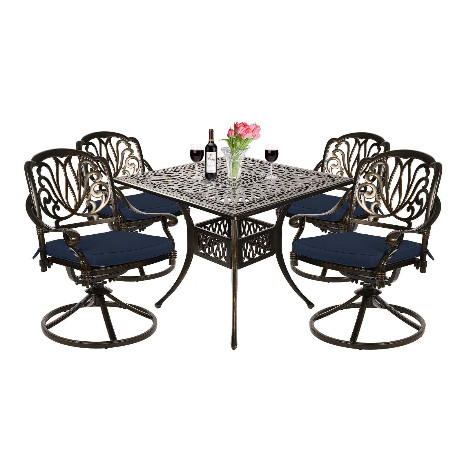 VIVIJASON 5-Piece Outdoor Patio Dining Set, All-Weather Cast Aluminum Conversation Set, Patio Furniture Set, Include 4 Swivel Dining Chairs, a 35.4" Square Table w/Umbrella Hole, Navy Blue Cushion