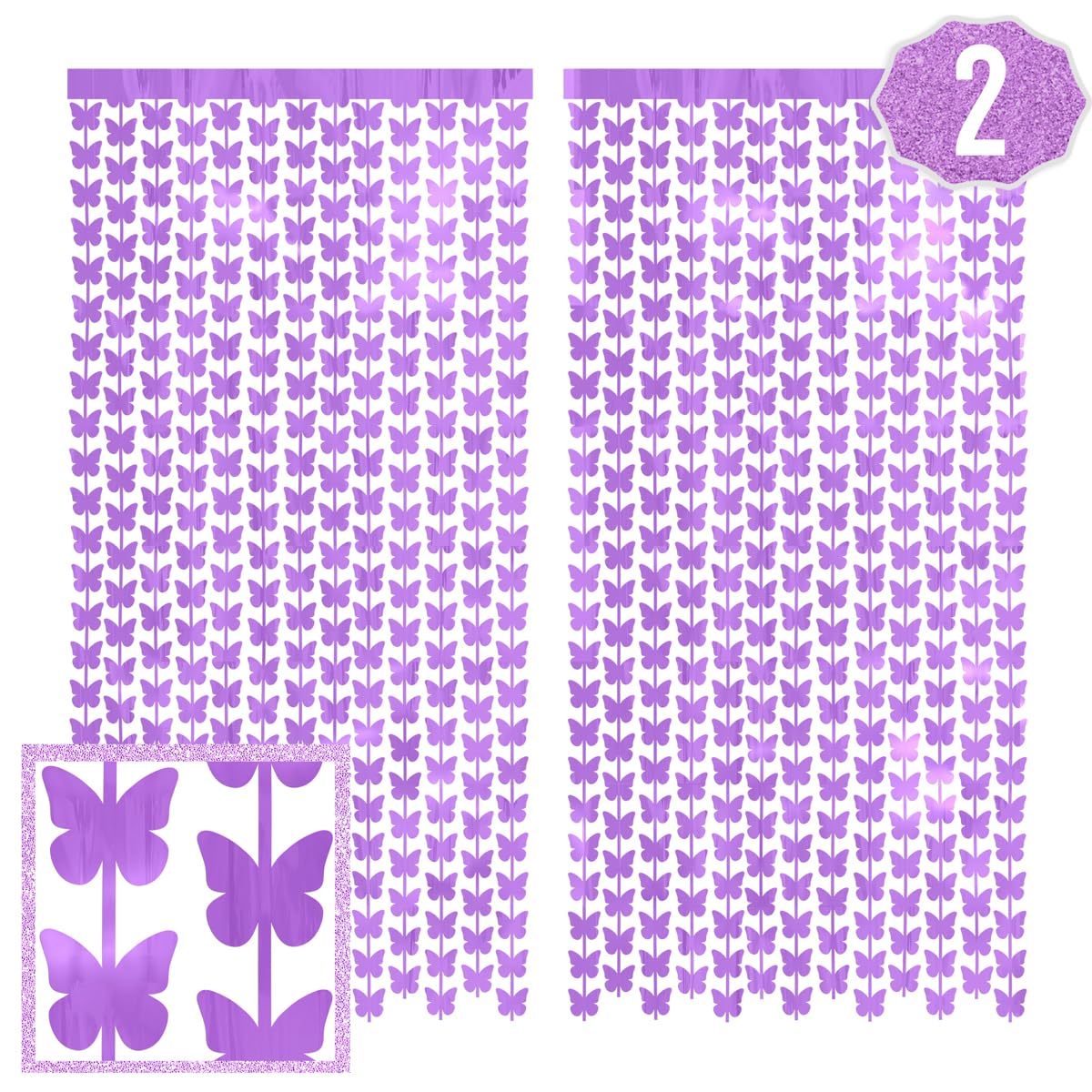 xo, Fetti Purple Butterfly Foil Curtain - Set of 2 | Bachelorette Party, Pastel Garden Birthday Decorations, Bridal Shower, Baby Shower, Fun Photo Booth