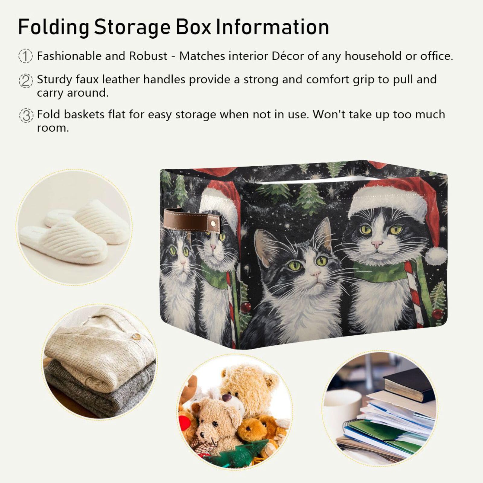 senya Christmas Basket, Christmas Cats with Hat Foldable Fabric Collapsible Storage Bins Organizer Bag for Storage Clothes