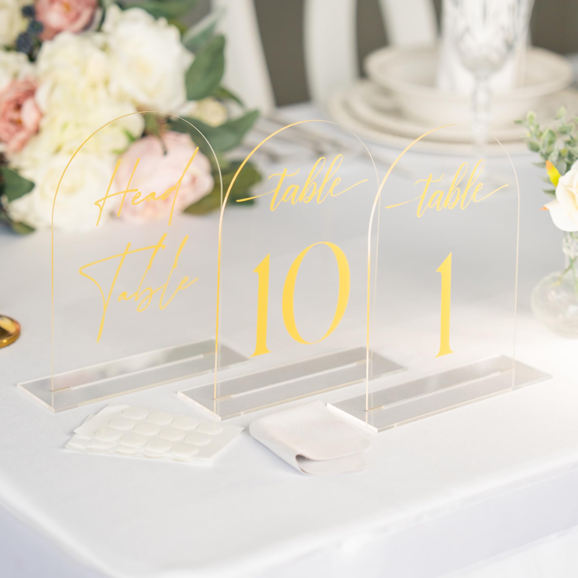 Clear Arch Acrylic Table Numbers for Wedding Reception - 10 Pack 5" x 7" Gold Font Table Number Centerpiece Set with Holder Stands & Head Table Sign - Anniversary, Event, Party, Wedding Table Numbers