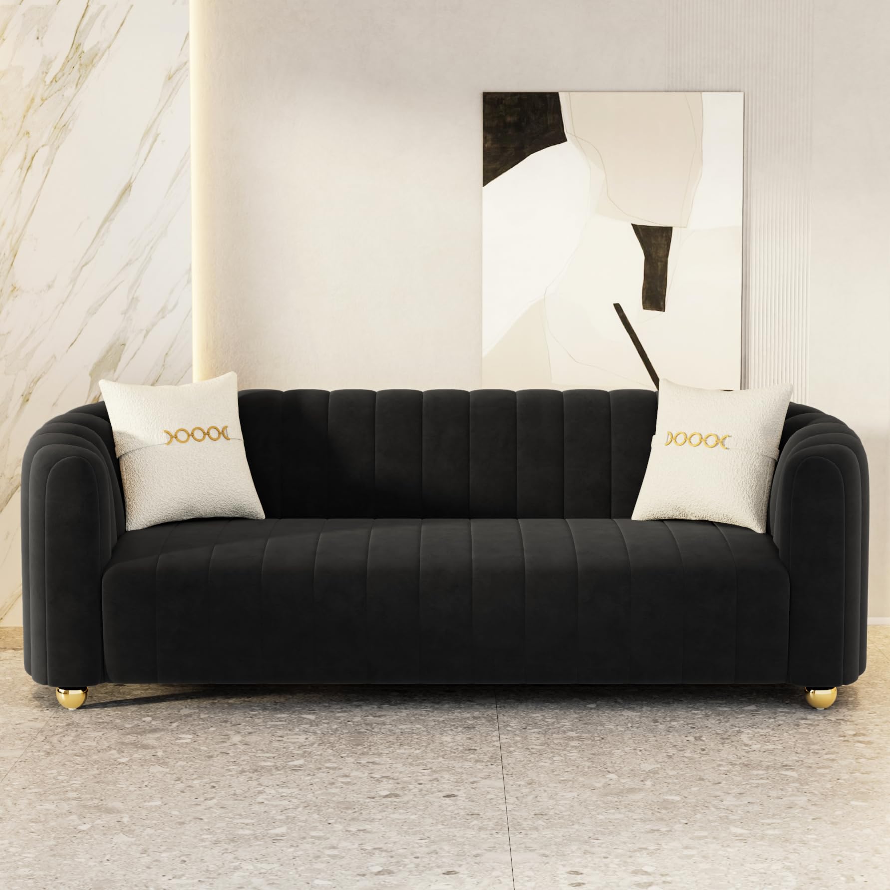 Moxoq Modern Black Velvet Couch for Living Room, 83.46" Curved Black Sofa with Gold Metal Sphere Legs, 3 Seater Comfy Cloud Couches for Bedroom Apartment (Velvet Black)