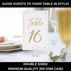 Gold Table Numbers 1-30 with Head Table Card & Table Number Holders - Elegant 4 x 6 Inch Place Seating Sign with Highly Visible Numbers for Wedding Reception, Restaurant, Anniversary, Birthday Party