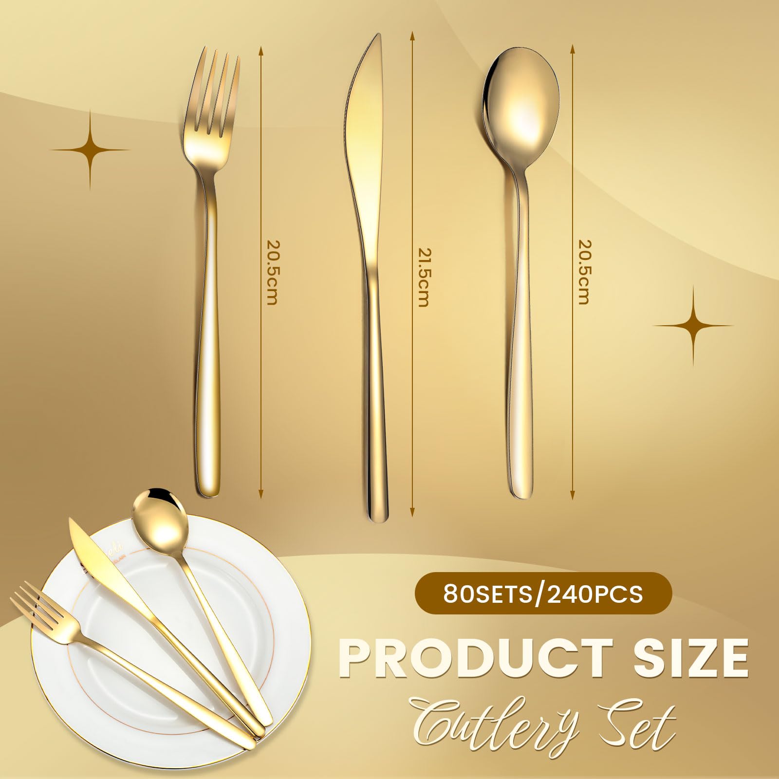 Lemosae 240 Pcs Gold Silverware Set Service for 80 Stainless Steel Flatware Set Gold Flatware Gold Cutlery Gold Forks Knives and Spoons Set for Wedding Parties Kitchen Restaurant Home, Dishwasher Safe