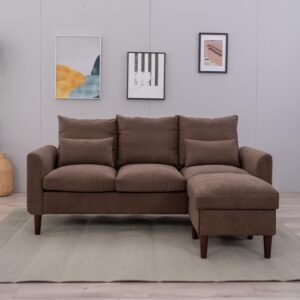 Panana 3 Seater with Footstool Chaise Small L-Shaped Corner Sofa Couch Armchair Furniture for Living Room Office (Brown Linen, 3 Seater + Ottoman)