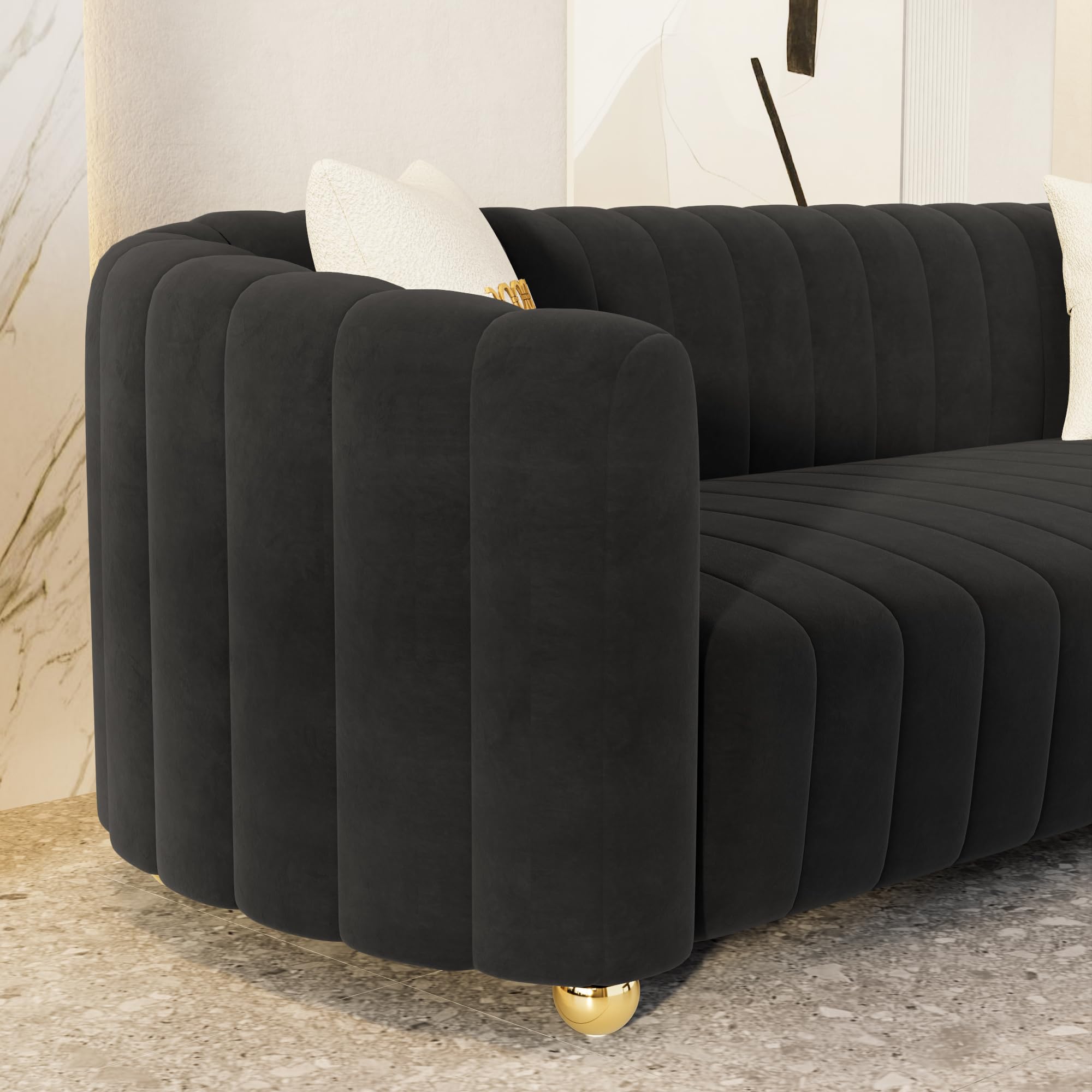 Moxoq Modern Black Velvet Couch for Living Room, 83.46" Curved Black Sofa with Gold Metal Sphere Legs, 3 Seater Comfy Cloud Couches for Bedroom Apartment (Velvet Black)