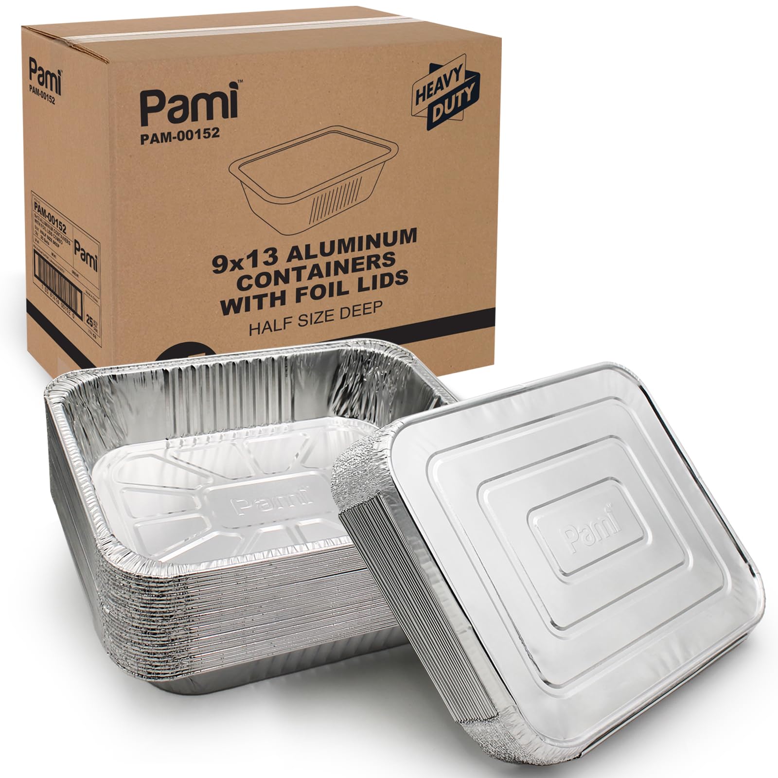 PAMI Aluminum Food Containers With Lids Half Size, Deep [Pack of 25] - 9”x13” Oven & Freezer Safe Tin Food Trays- Aluminum Baking Pans With Lids For Grill, Roast, BBQ- To Go Foil Takeout Containers