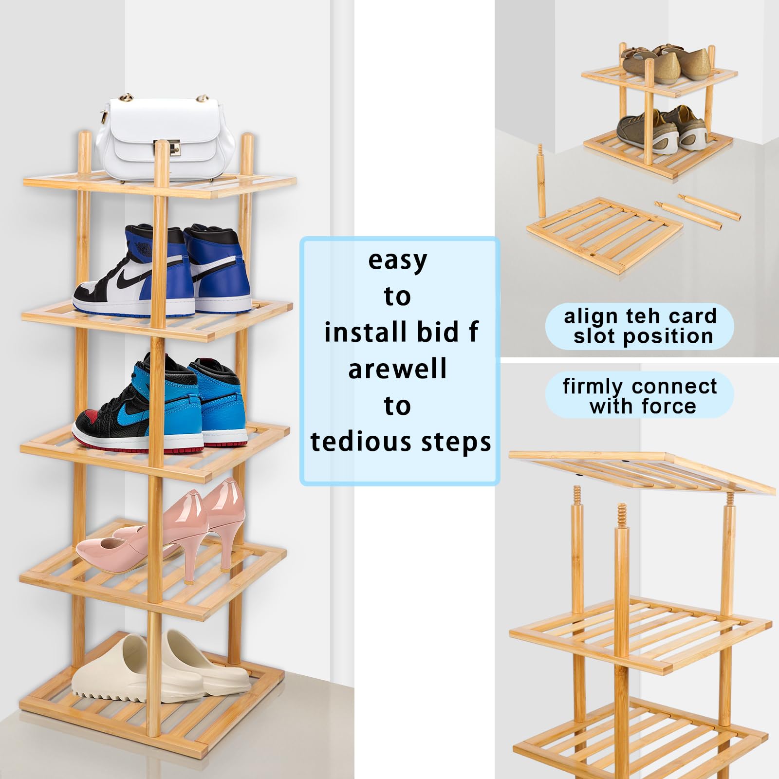 Tohomes 7-Tier Shoe Rack for Closet, Shoes Organizer Free Standing Shelf Entryway and Closet Hallway, Small Space Stackable Bamboo Multifunctional Racks Shoe Storage