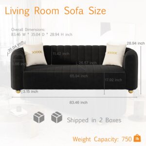 Moxoq Modern Black Velvet Couch for Living Room, 83.46" Curved Black Sofa with Gold Metal Sphere Legs, 3 Seater Comfy Cloud Couches for Bedroom Apartment (Velvet Black)