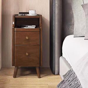 Solid Wood Nightstand with 2 Drawers, Bedside Table with Open Sliding Shelf, Mid Century Modern Night Stand, End Side Table for Bedroom, No Assembly Needed, Walnut