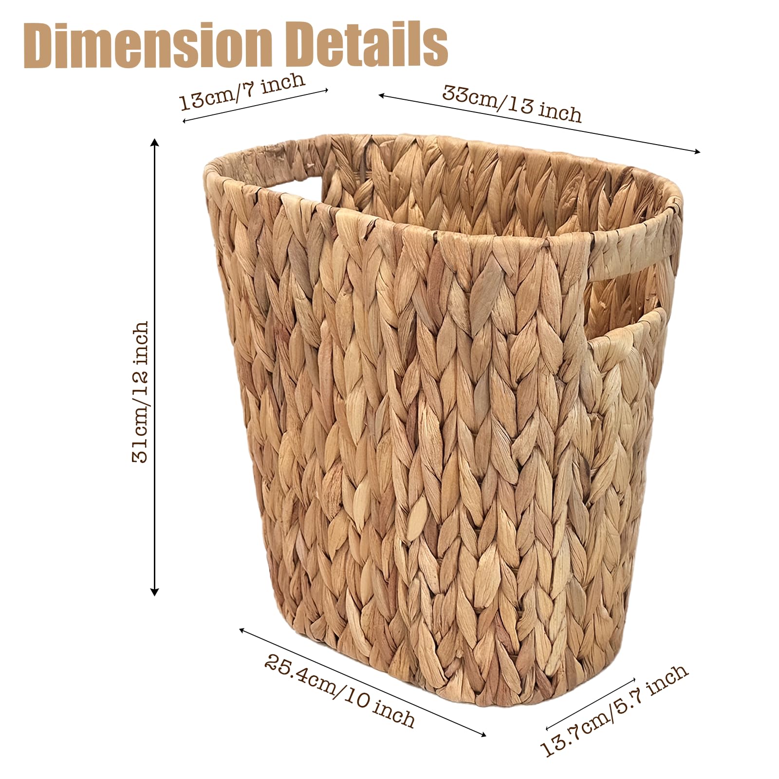 PINXIURY Bathroom Wicker Trash Can Wicker Waste Basket with Built-in Handles Water Hyacinth Hand Woven Garbage Can for Bedroom Office Kitchen 100% Handmade