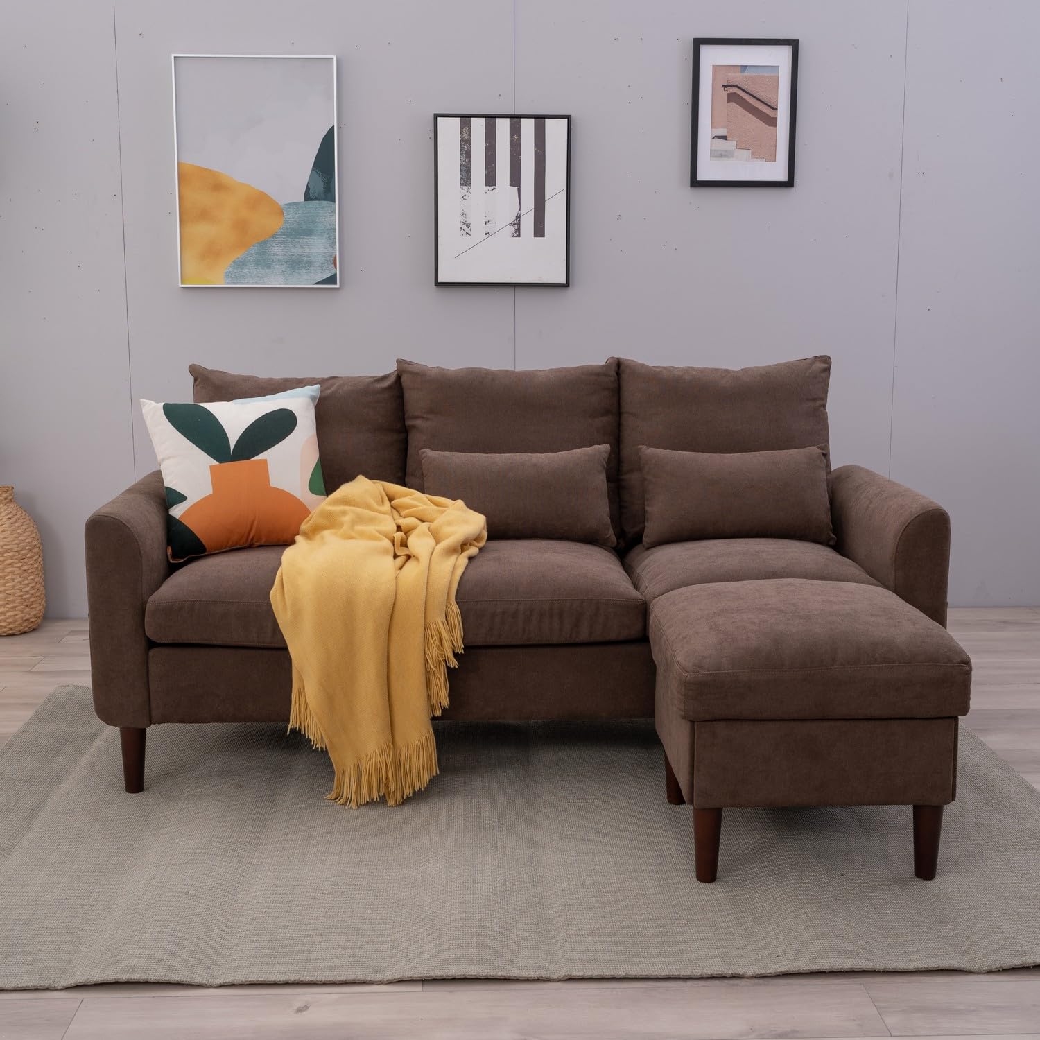 Panana 3 Seater with Footstool Chaise Small L-Shaped Corner Sofa Couch Armchair Furniture for Living Room Office (Brown Linen, 3 Seater + Ottoman)