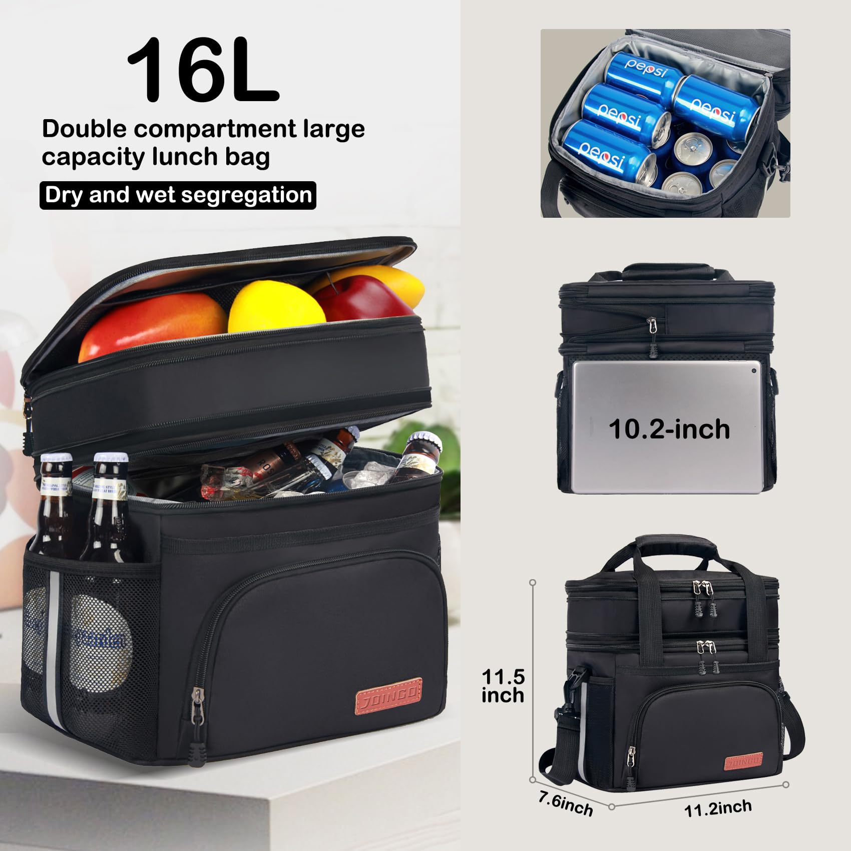 JOINGO Lunch Box For Men/Women,Large Double-layer Insulated Expandable Reusable Leakproof Cooler Bags For Adults,Lunch Box With Adjustable Shoulder Strap For Office Travel Picnic（Black）