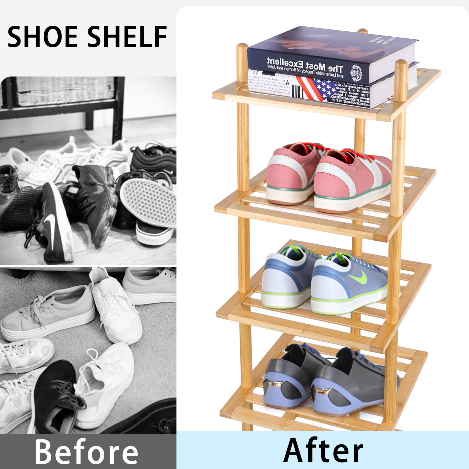 Tohomes 7-Tier Shoe Rack for Closet, Shoes Organizer Free Standing Shelf Entryway and Closet Hallway, Small Space Stackable Bamboo Multifunctional Racks Shoe Storage