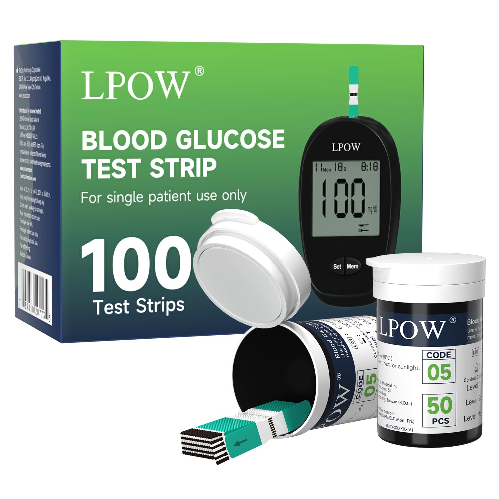 LPOW Blood Sugar Test Strips, 100 Count Test Strips for Diabetes, Use with LPOW Blood Glucose Monitor Only (Model: LPOW)