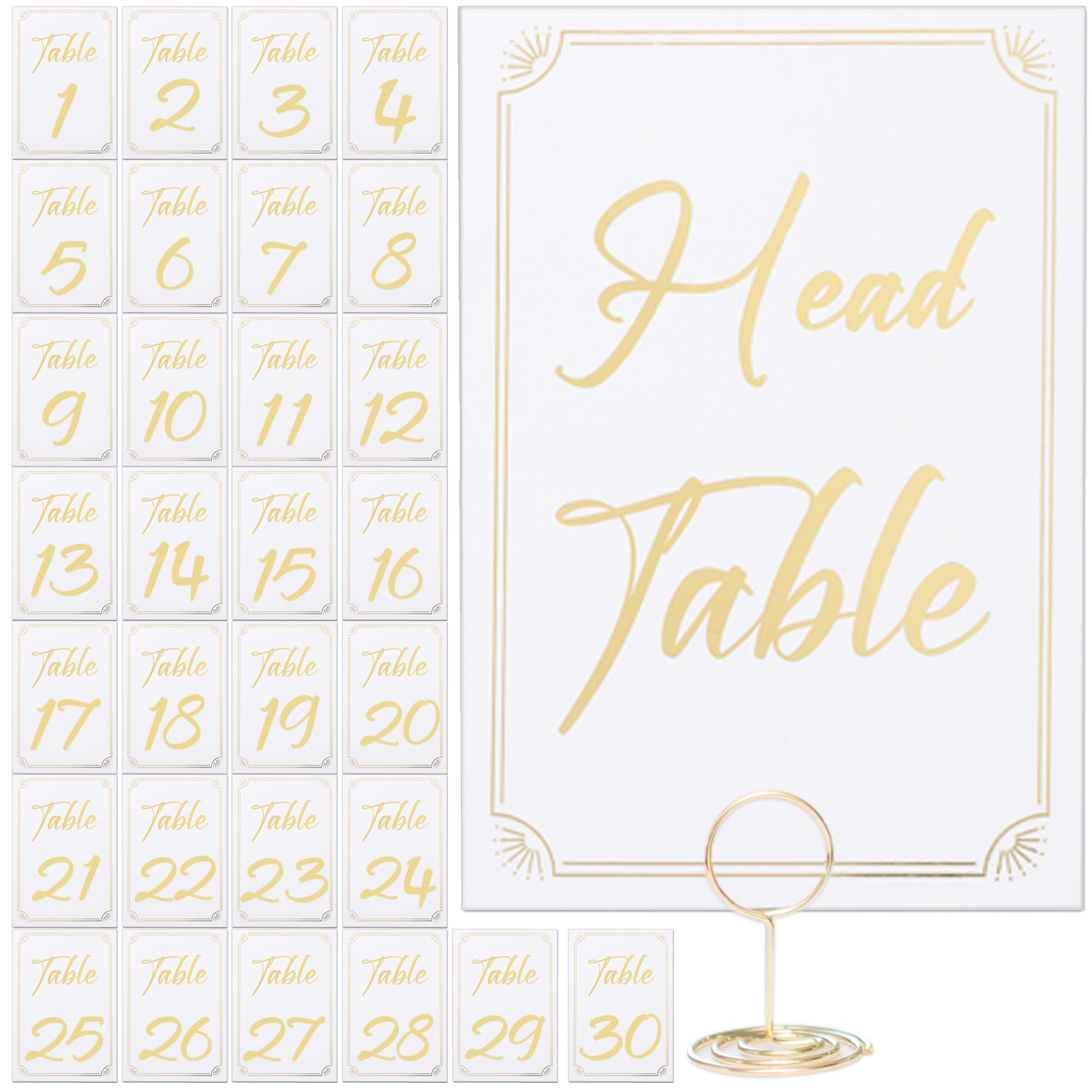 Gold Table Numbers 1-30 with Head Table Card & Table Number Holders - Elegant 4 x 6 Inch Place Seating Sign with Highly Visible Numbers for Wedding Reception, Restaurant, Anniversary, Birthday Party