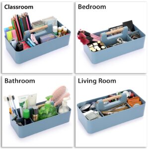 BTSKY Stackable Plastic Portable Storage Organizer Utility Caddy Tote,Divided Craft Storage Organizer Basket Bin with Wooden Handle for Craft, Sewing, Art Supplies, Office Supplies, Blue