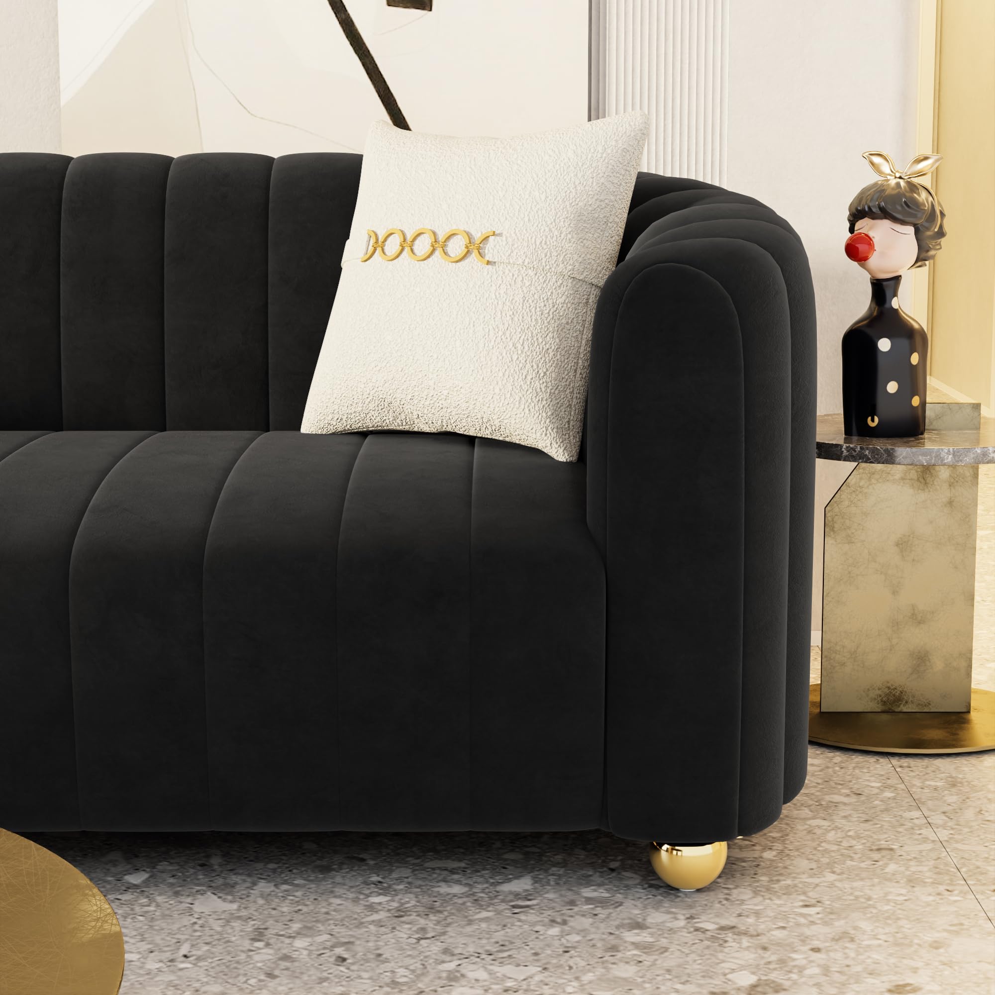 Moxoq Modern Black Velvet Couch for Living Room, 83.46" Curved Black Sofa with Gold Metal Sphere Legs, 3 Seater Comfy Cloud Couches for Bedroom Apartment (Velvet Black)