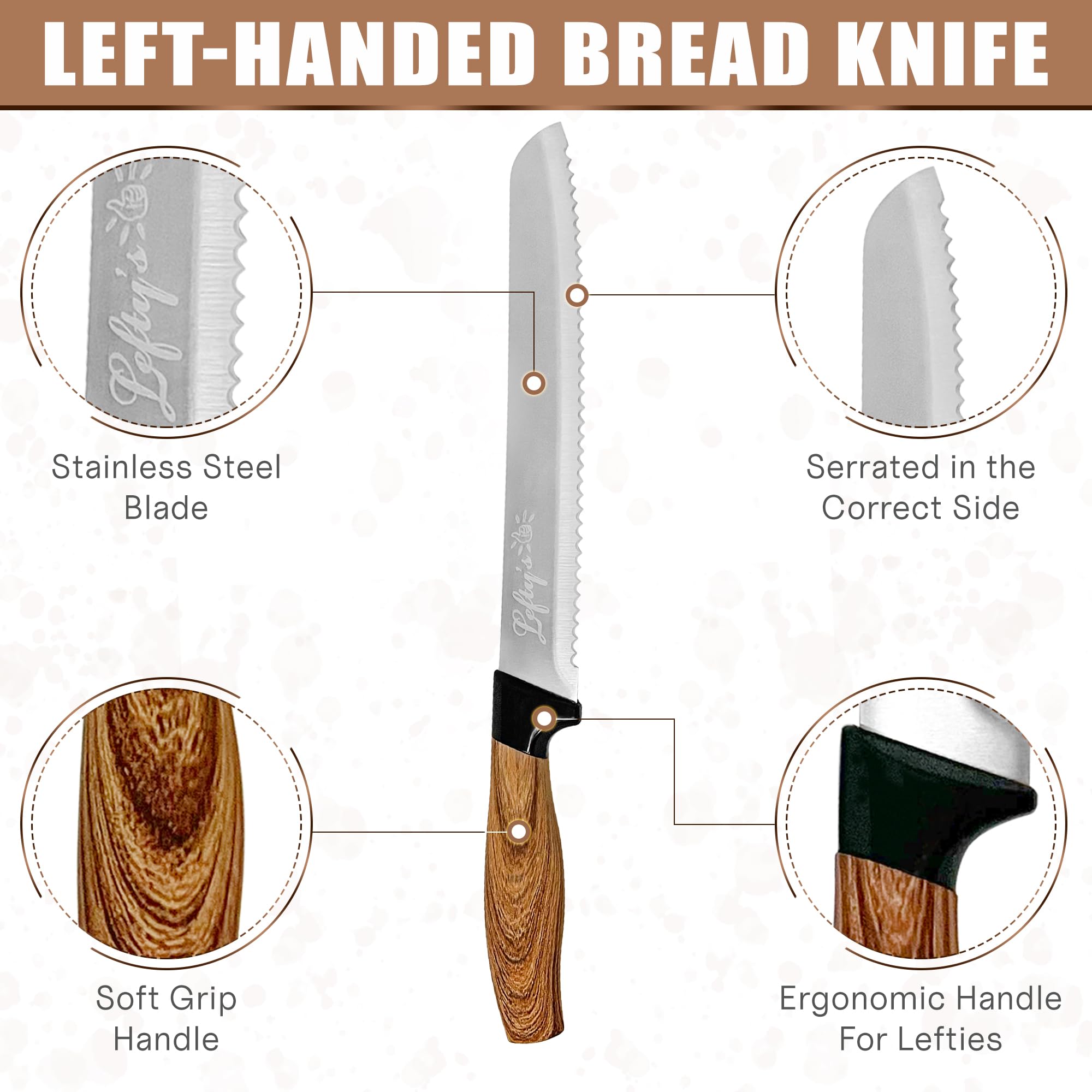 Lefty’s Left Handed Bread Knife - Stainless Steel Durable Blade - Extra Sharp - Great for Cutting, General Purpose, Kitchen items - Gifts for Left-Handed People, Lefty, Adults, Chef, Man and Women