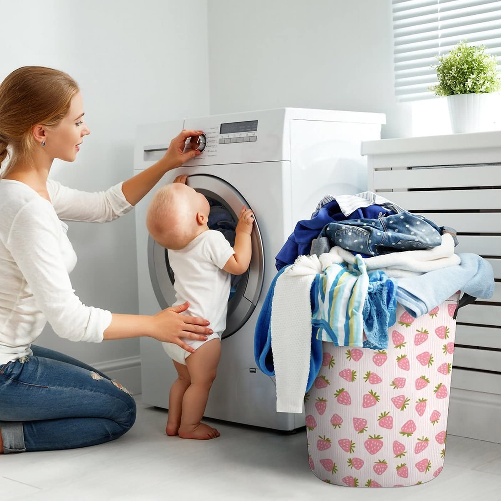 Laundry Basket Strawberries Pink Stripes Laundry Hamper Bag Clothes Bag Collapsible With Handles Travel Bathroom College Essentials Storage