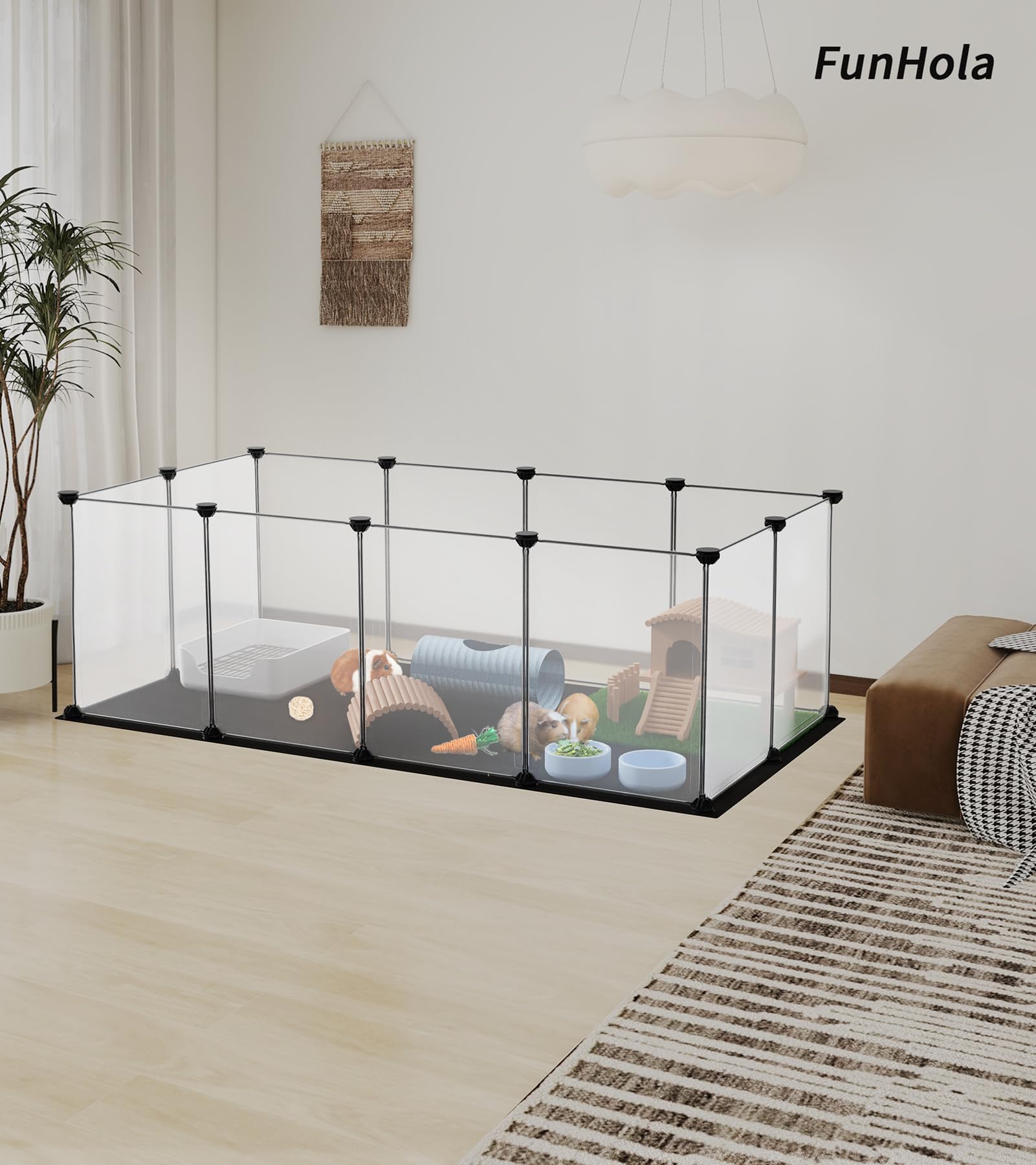 FunHola Small Animal Playpen, Guinea Pig Cages with Waterproof Mat, 12 Panels Pet Playpen for Hamsters, Hedgehog, Indoor Outdoor Plastic Fence, 48.5 x 24.8 x 16.1 inches