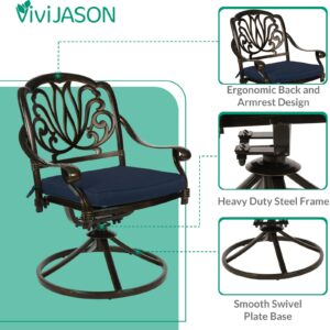 VIVIJASON 5-Piece Outdoor Patio Dining Set, All-Weather Cast Aluminum Conversation Set, Patio Furniture Set, Include 4 Swivel Dining Chairs, a 35.4" Square Table w/Umbrella Hole, Navy Blue Cushion