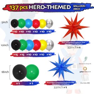 137pcs Red Blue Yellow Green Black Balloon Arch Garland Kit with Balloons for Birthday, Carnival, Video Game Super Balloons Arch for Themed Party Decorations