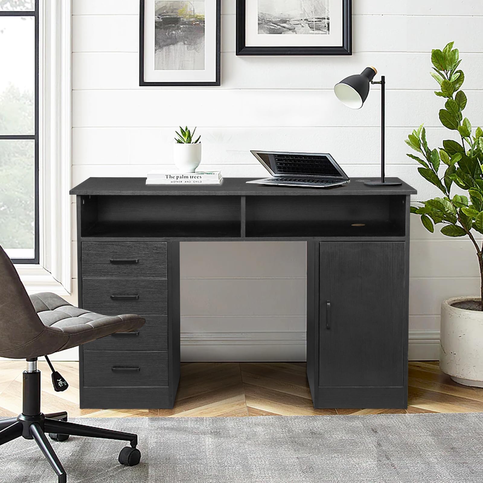 Karl home MDF Computer Desk with 4 Drawers and A Storage Cabinet, Home Office Desk Writing Desk with 2 Storage Compartments, Black Office Table for Bedroom Small Spaces