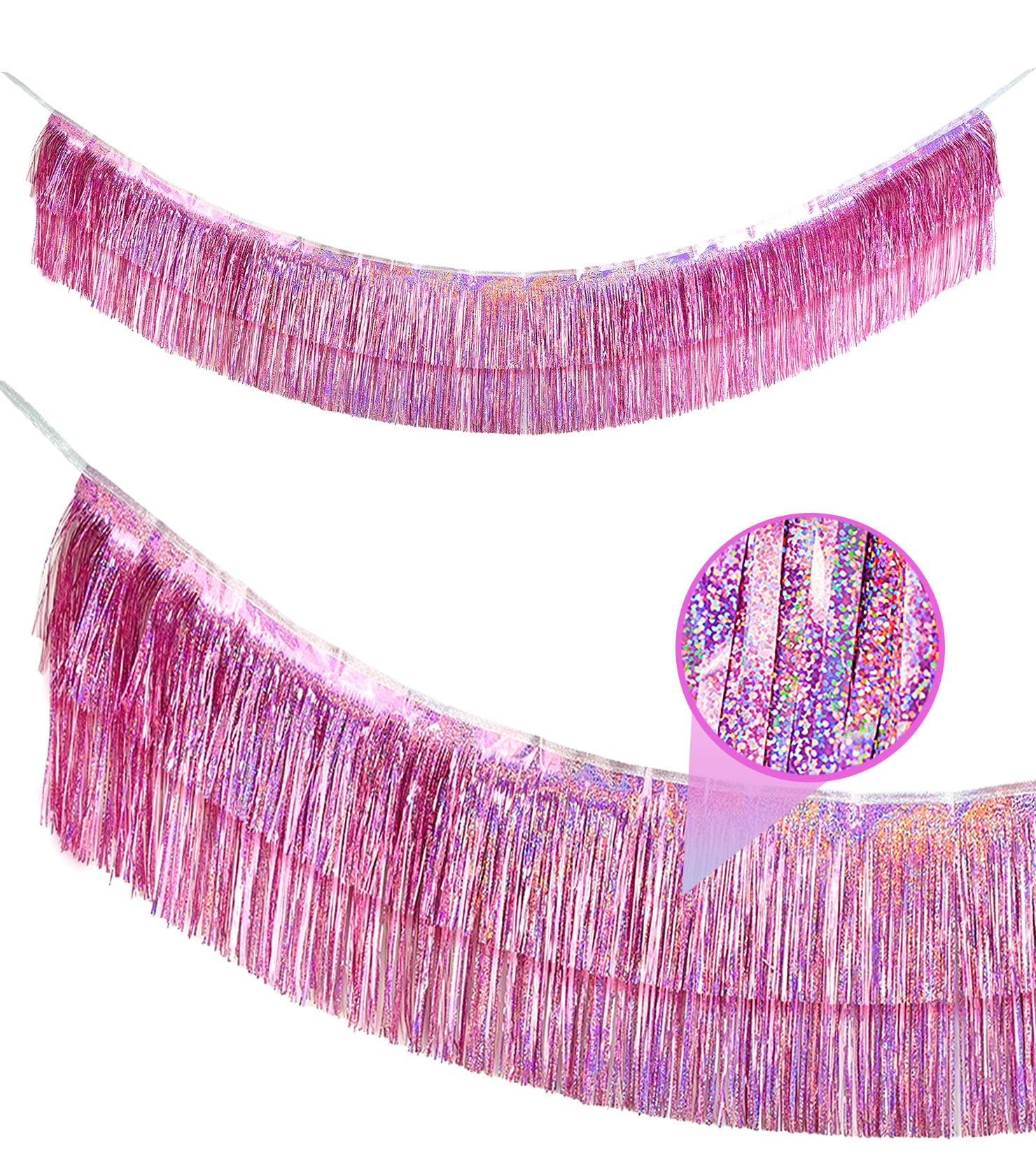 Sharonlily 2 Pack Glitter Pink Foil Fringe Garland-4 Layers Thick | Shiny Metallic Tinsel Streamers, Hanging Fringe Banner for Wedding Christmas Decoration Home Hanging Parade Floats