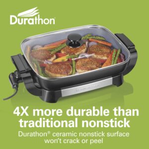 Hamilton Beach Electric Skillet with PFAS-Free Durathon Ceramic Coating, Removable 12x15” Pan, Adjustable Temperature, Reversible Design, Tempered Glass Lid, Black Nonstick Surface (38531)