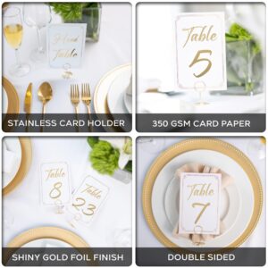 Gold Table Numbers 1-30 with Head Table Card & Table Number Holders - Elegant 4 x 6 Inch Place Seating Sign with Highly Visible Numbers for Wedding Reception, Restaurant, Anniversary, Birthday Party