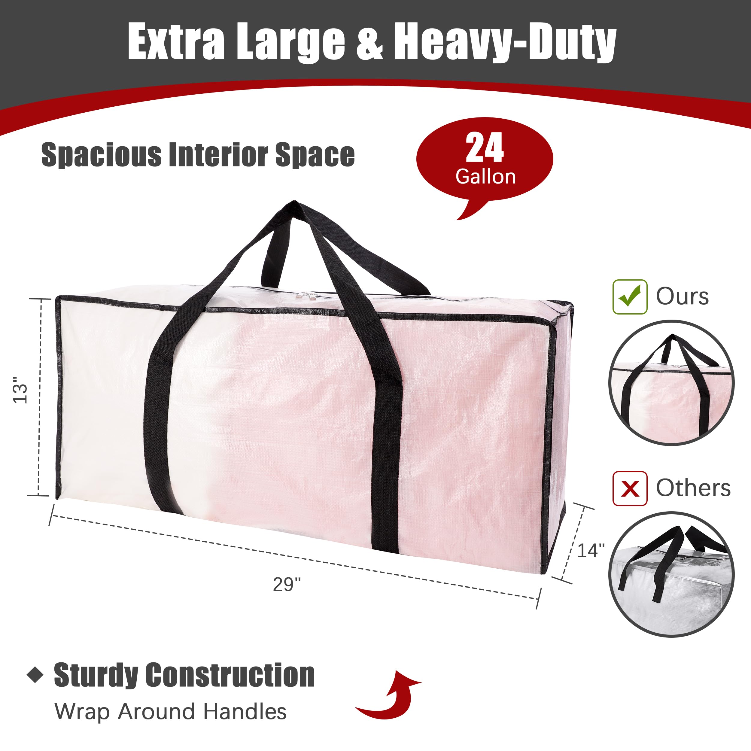 PANDA JOYS Extra Large Moving Bags with Zippers & Carrying Handles, Heavy-Duty Storage Tote for Space Saving Moving Storage, Fold Flat, Alternative to Box and Bin - 8 Pack, Semi-Transparent