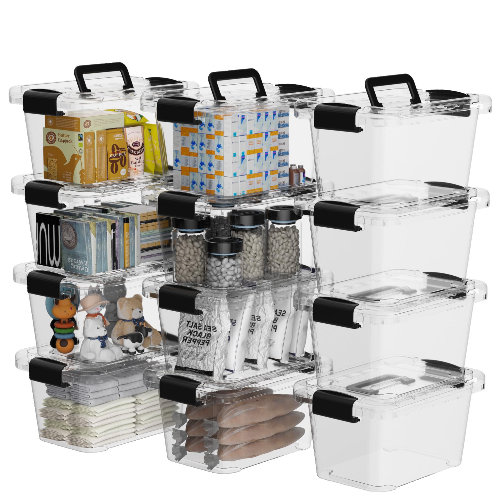 Cetomo 12Qt*12 Plactic Storage Bins, Stack Tote Storage Box with Handle, Clear, 12Quart-12 Pack