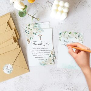 BYBOUS 50 Pack Funeral Thank You Cards with Envelopes, 4×6 In Watercolor Flowers Sympathy Thank You Cross Bereavement Card for Funeral Memorial Family Friends Loved Ones Celebration of Life