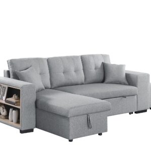 ERYE L-Shaped Reversible Sleeper Sectional Sofa W/Pull Out Couch Bed, Storage Chaise & Niche Shelves for Living Room, Modern Linen Upholstered Sofa&Couch Convertible Sleep Sofabed with 2 Stools