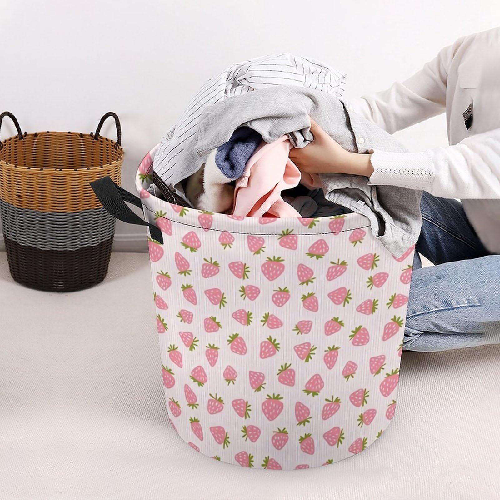 Laundry Basket Strawberries Pink Stripes Laundry Hamper Bag Clothes Bag Collapsible With Handles Travel Bathroom College Essentials Storage