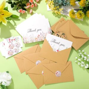 Noveread 300 Pieces Wildflower Thank You Cards with Floral Envelopes 4 x 6 Inch, Thank You Notes with Envelopes Set with Floral Thank You Cards and Stickers for Birthday Wedding Bridal Shower