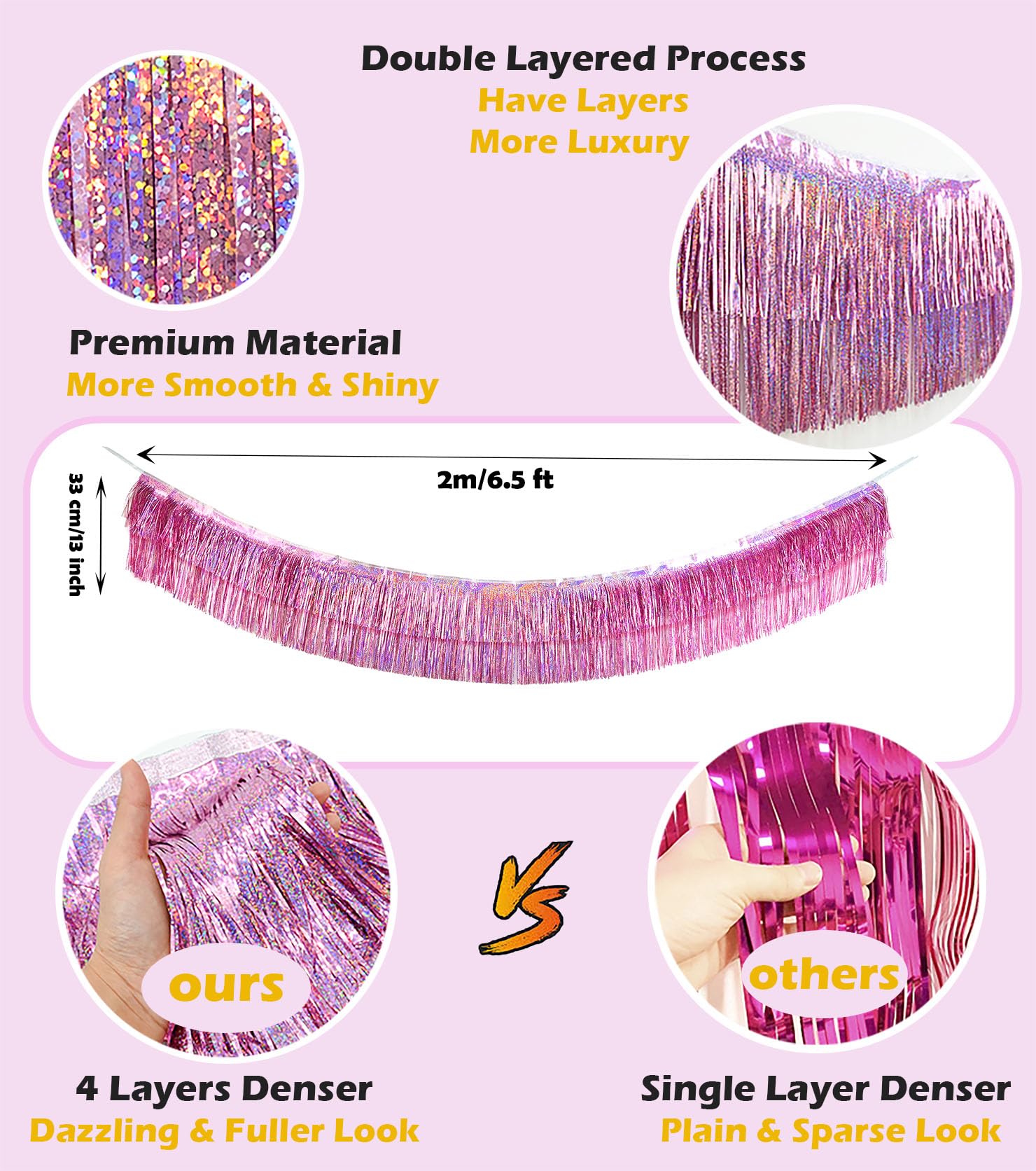 Sharonlily 2 Pack Glitter Pink Foil Fringe Garland-4 Layers Thick | Shiny Metallic Tinsel Streamers, Hanging Fringe Banner for Wedding Christmas Decoration Home Hanging Parade Floats