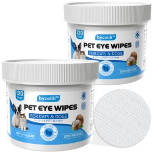 bycolili 2 pack eye wipes for dogs & cats,extra large 240 count natural tear stain eyes wash pads,gently remove discharge,debris,3.15" coconut oil cleans eyes,face,wrinkles