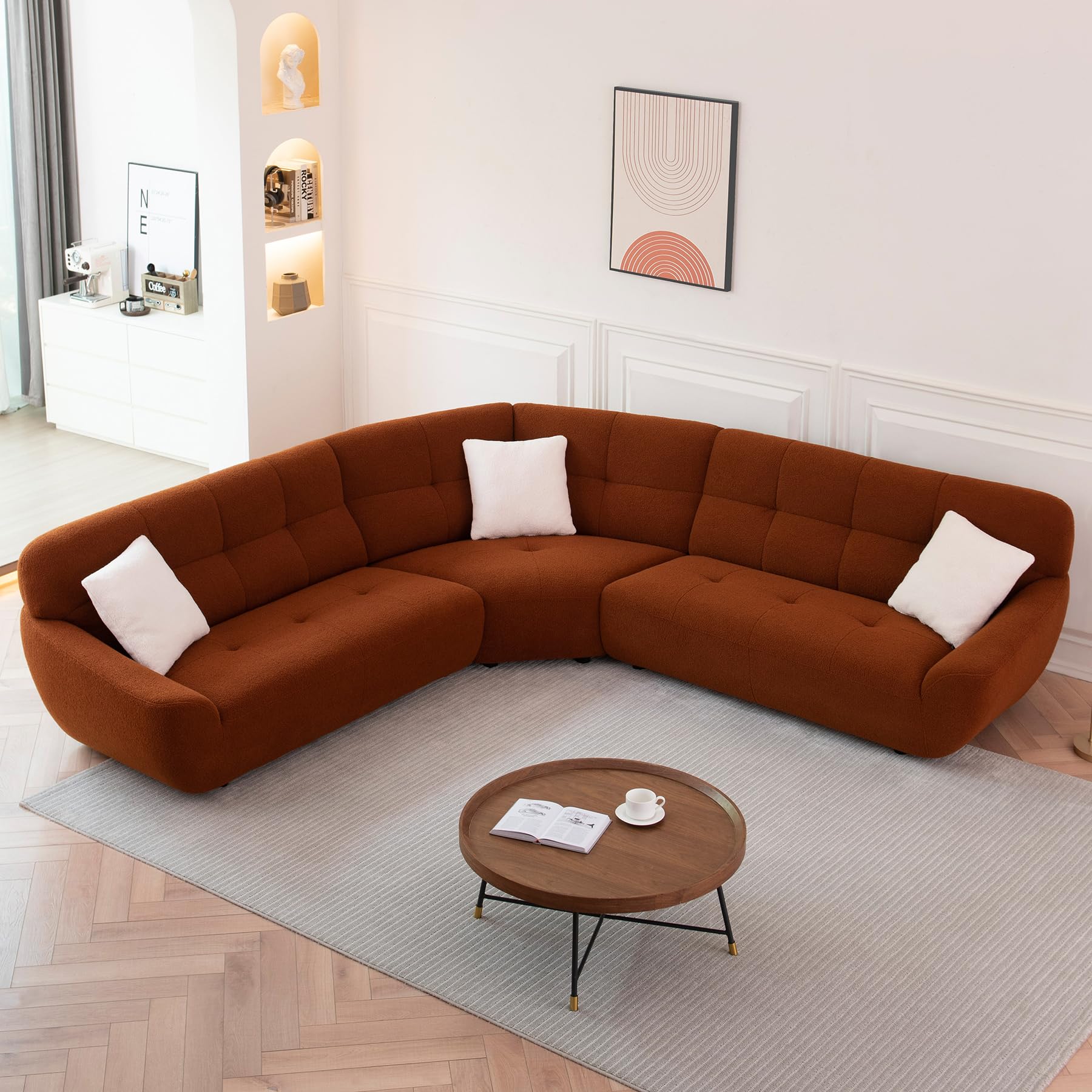 113'' Modular Sectional Sofa, Sherpa Lamb Fabric Original Design L Shaped Couch, 5 Seat Modern Corner Sofa with 3 Pillow for Living Room, Villa, Office (113''-Dark Orange)